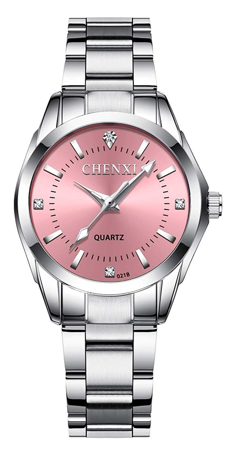 MASTOP Women's Classic Fashion Silver Stainless Steel Watches Waterproof Date Luminous Lady Dress Wrist Watch, 021 Pink, Business