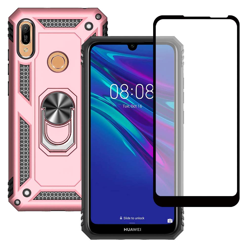 Yiakeng Huawei Y6 2019 Phone Case with Screen Protector, Silicone Shockproof Military Grade Protective Phone Cover with Ring Kickstand for Huawei Y6 2019 (Rose gold) — image 1