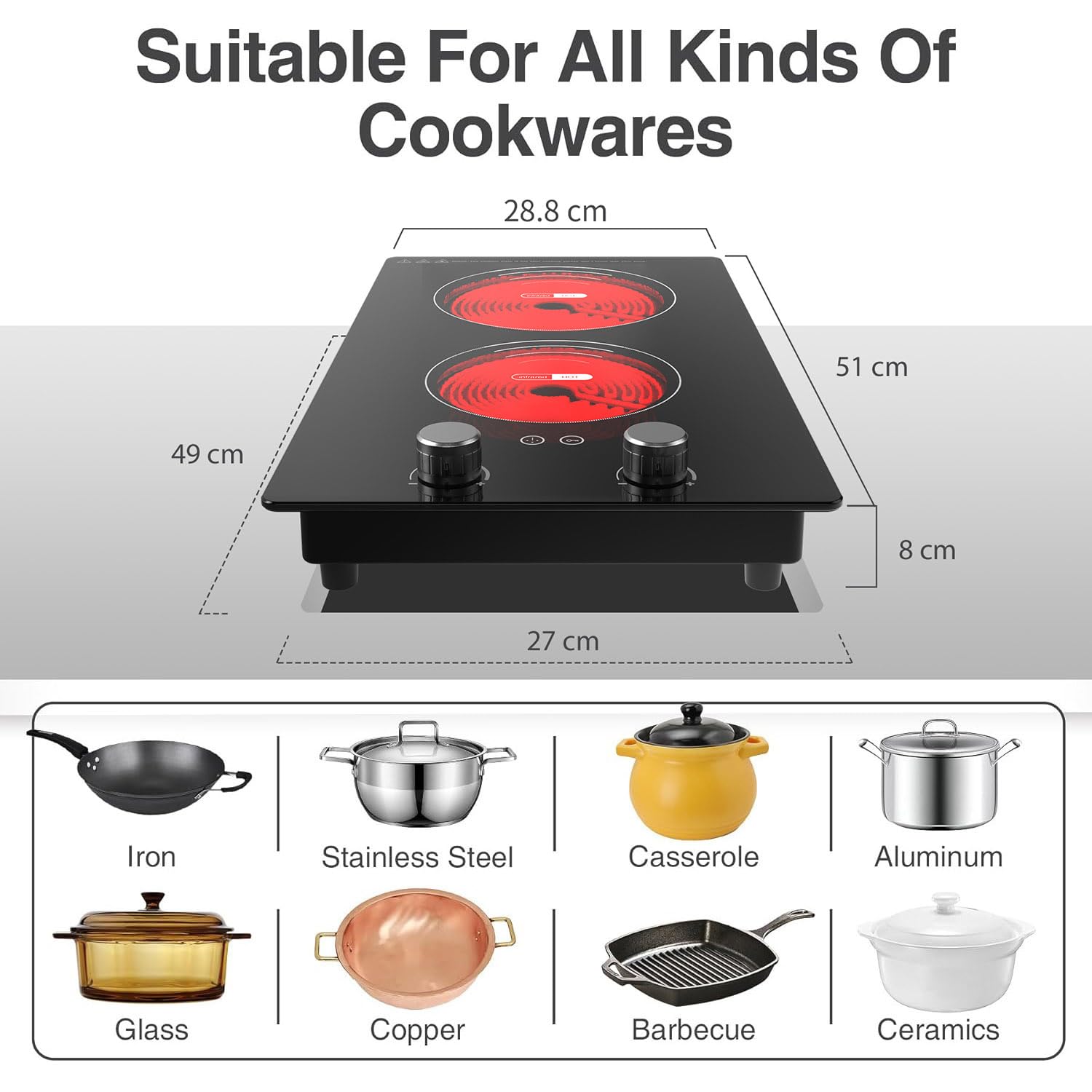 VBGK Electric Cooktop,110V 2100W Electric Stove Top with Knob Control,9 Power Levels, Kids Lock & Timer,LED touch control,Overheat Protection Electric stove,24 Inch desktop 2 burner