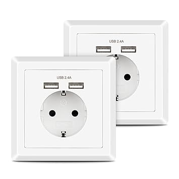 2x USB Schuko Steckdosen Weiß, Schutzkontakt Steckdose mit USB Anschluss 2.4A, Laden iPhone iPad Smartphone MP3 Digitalkamera