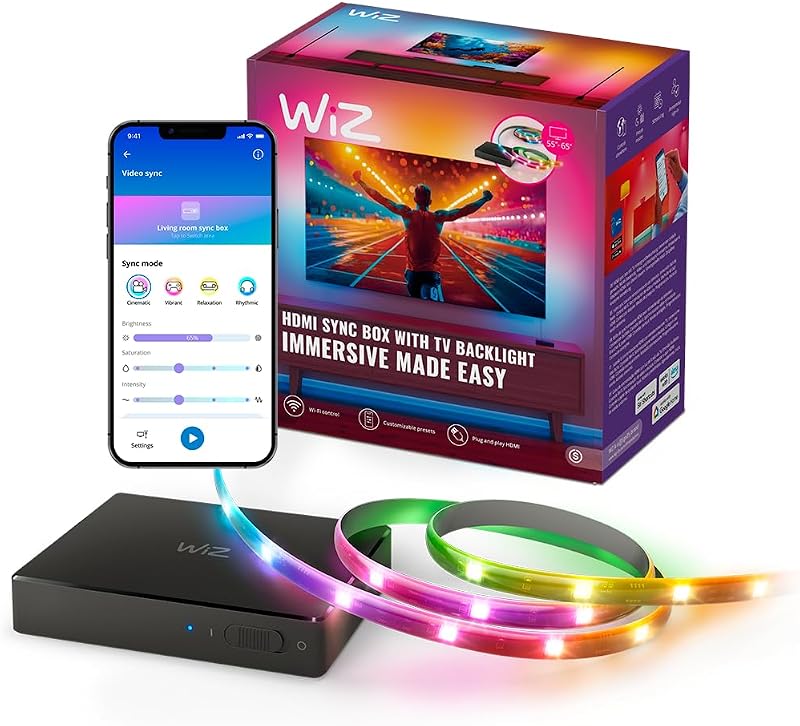 HDMI Sync Box con retroiluminación de TV - Sincroniza la luz con tus películas, juegos y música - HDMI 2.0 - Soporta 4K a 60Hz - Tira LED RGBIC para televisores de 55 a 65 pulgadas