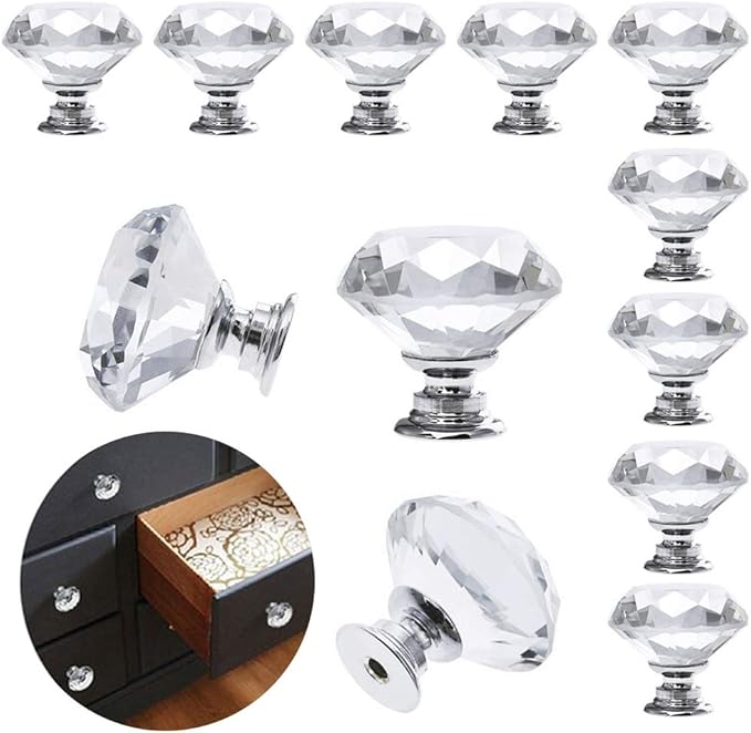 Juego de 10 pomos decorativos de cristal de diamante de 30 mm para