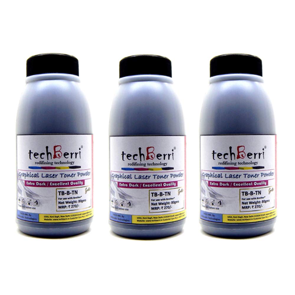 techBerri Extra Dark Black Laser Toner Powder 80Gms Pack of 3 Bottles for Brother 2040, 50, 70, 2820, 7010, 20, 25, 7220, 7420, TN 580, 2110, 3150, 70, 3250, 6600