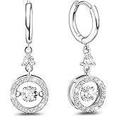 Sterling Silver Huggie Hoop Earrings with Charms Dancing Diamond Drop Dangle Earrings for Women Round Halo CZ Sparkling Dangle Hoop Earrings Clear Crystals Fashion Jewelry Gifts for Daughter Birthday