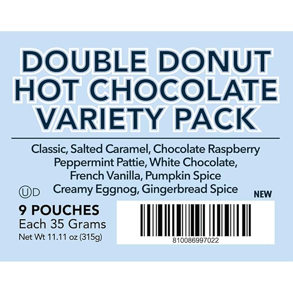 DOUBLE DONUT FLAVORED HOT CHOCOLATE PACKETS VARIETY PACK, 9 COUNT INCLUDES CLASSIC, CHOCOLATE RASPBERRY, SALTED CARAMEL, PEPPERMINT, EGGNOG & GINGERBREAD