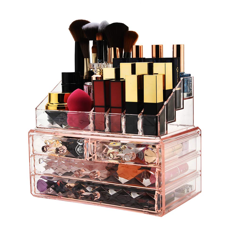 Jewelry and Cosmetic Boxes with Brush Holder - Pink Diamond Pattern Storage Display Cube Including 4 Drawers and 2 Pieces Set: Beauty