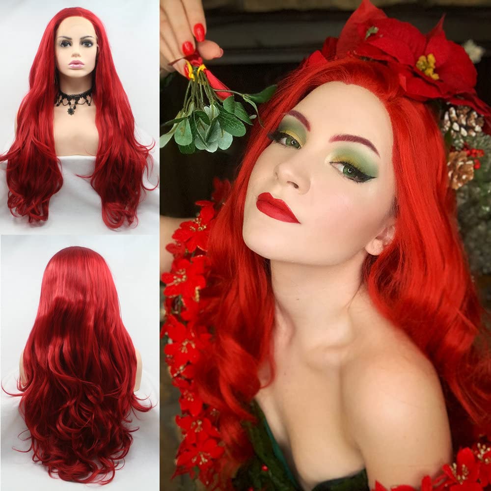 Mermaid Wig Bright Red Synthetic Lace Front Wigs for Women Long Wave Hair Ruby Red Color Party Drag Queen Wedding Synthetic Christmas Ladies’ Wigs 24"