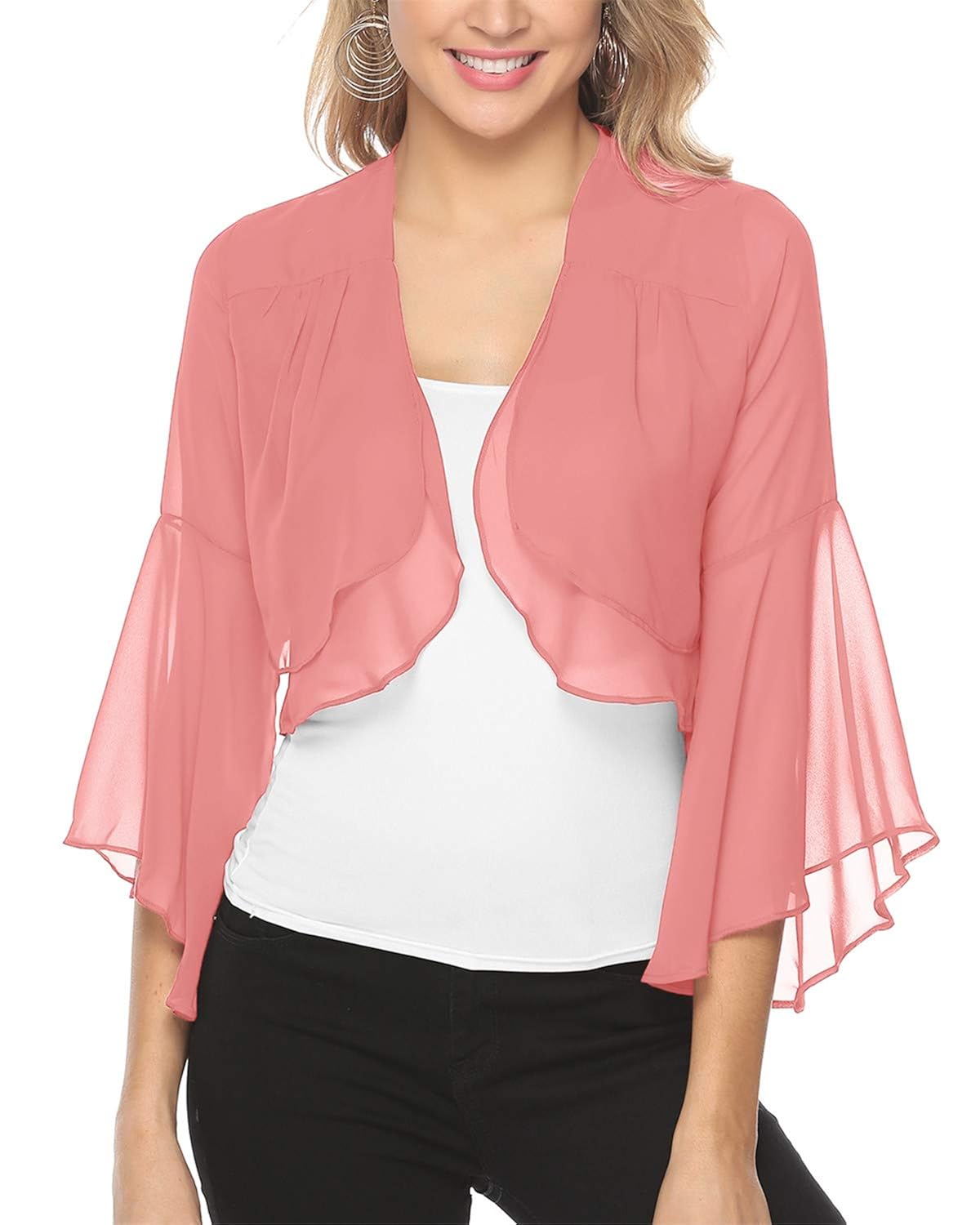 Hawiton Womens Bolero Shrug Ruffle Sleeve Open Front Cropped Chiffon
