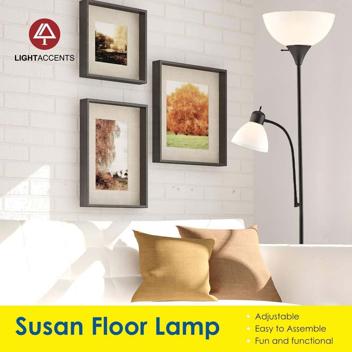 Adjustable Floor Lamp with Reading Light by Light Accents - Susan Modern Standing Lamp for Living Room/Office Lamp 72" Tall - 150-watt with Side Reading Light Corner Lamp (Black) - - 