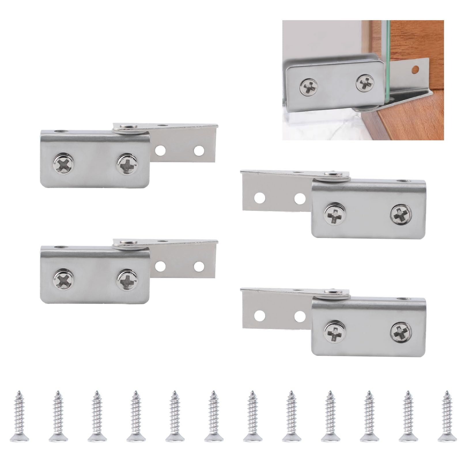 UFURMATE Glass Door Hinge 4Pcs Side Mounted Frameless Glass Door Pivot Hinges Clamp Adjustable Cabinet Pivot Hinge Clip Replacement Kit for 5-8mm Free-Swinging Glass Door (Brushed)