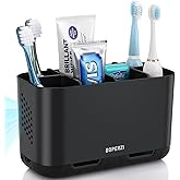 Boperzi Toothbrush Holders for Bathrooms Organizers and Storage, Large Tooth Brush Holders with Drainage, Anti-Slip Electric Toothbrush and Toothpaste Holders Caddy for Shower Kids Family, Black