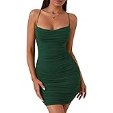 KUTUMAI Women's Ruched Bodycon Mini Dress Summer Spaghetti Strap Party Club Dresses