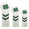 Lucky Clover Golf Wood Club Headcover Club Head Cover Protective - 4 Selections - Golf Driver Headcover/ Fairway Woods Cover/ Hybrid Rescue Headcover Exchangeable, White Synthetic Leather fits for All Brand Men Golfer