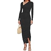 SHESEEWORLD Women's V Neck Long Sleeve Midi Dress Elegant Asymmetrical Hem Side Ruched Prom Wedding Guest Dresses