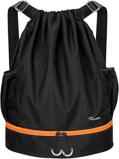 RYACO Drawstring Backpack Gym Bag Large Water Resistant With Pockets Black &
