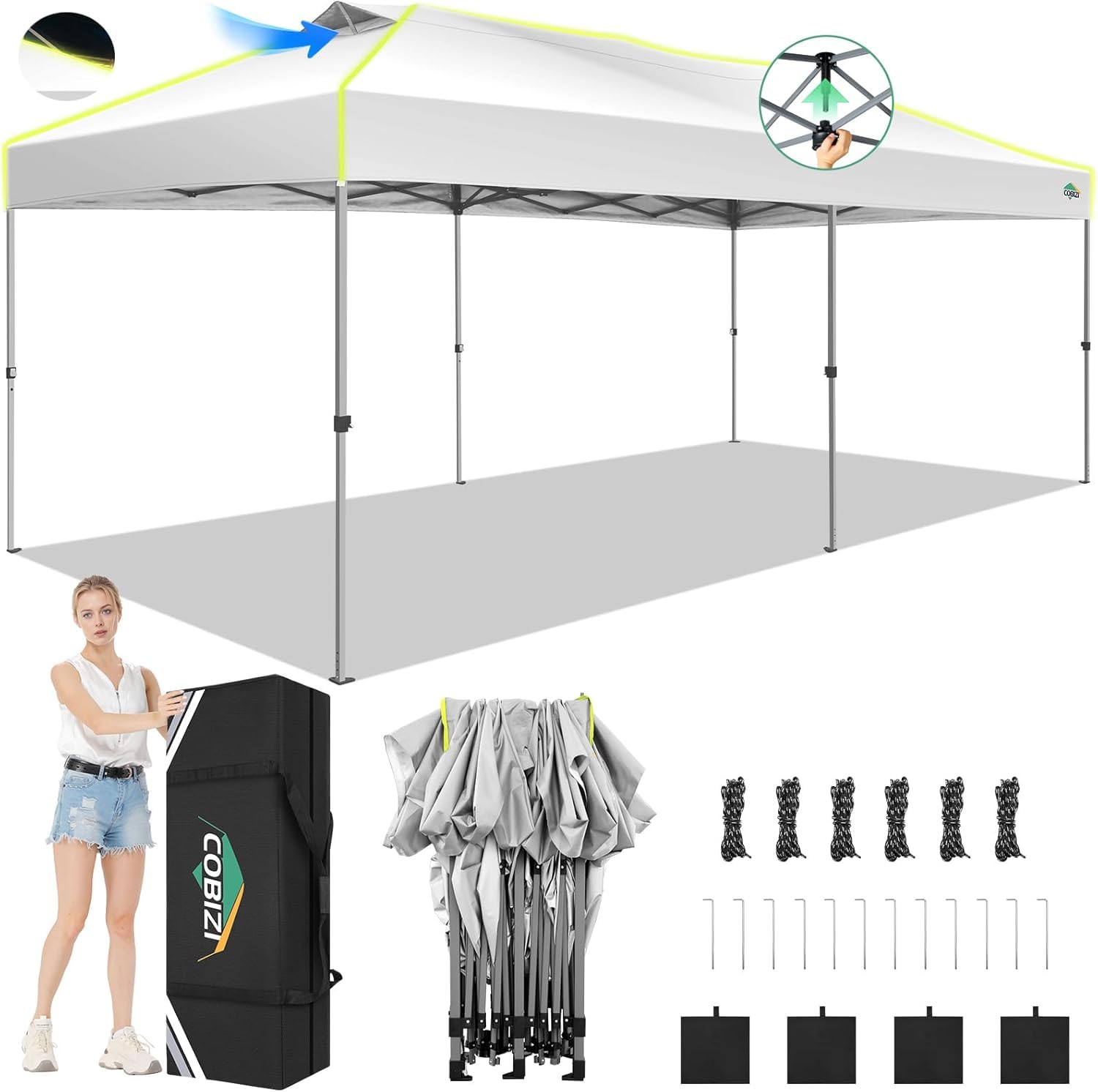 Photo 1 of (YUNTESTEWD, MISSING UNKOWN) COBIZI 10x20 Pop Up Canopy Tent, Outdoor Party Tent Without Sidewall One Push Setup Glow, 3 Adjustable Height Air Vent Waterproof UPF50+, Bag, 4 Sandbag, 6 Stake, 12 Rope for Beach, Commercial