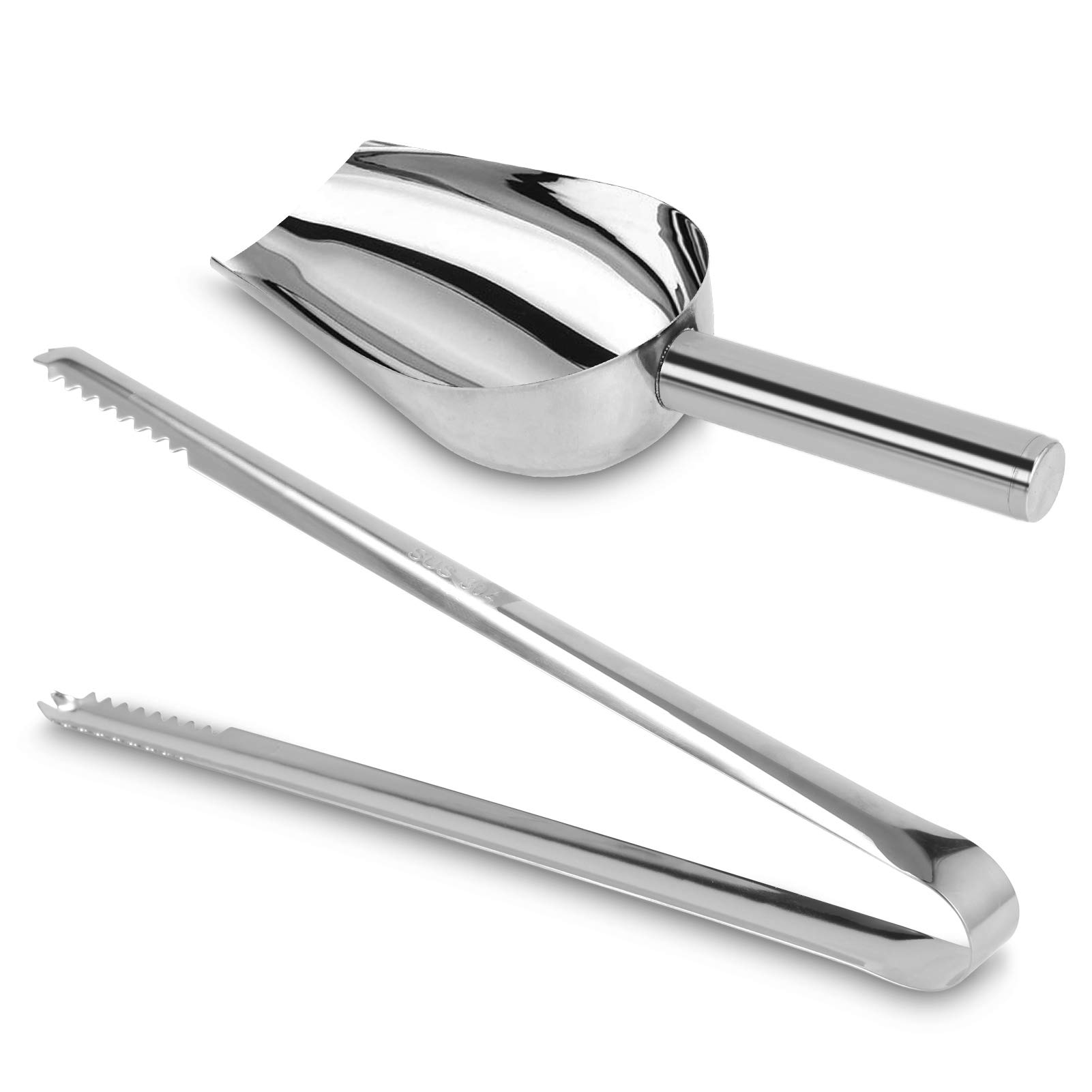 Stainless 6oz Ice Scoop + Ice Tongs Set, Multifunctional Food Coffee Sugar Candy Sweet Clip for Bar, Wedding, Parties, and Kitchen