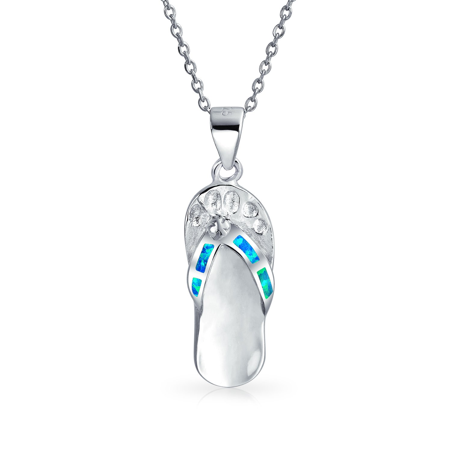 Nautical Blue Created Opal Flip Flop Sandal Pendant Necklace For Women For Teen .925 Sterling Silver October Birthstone