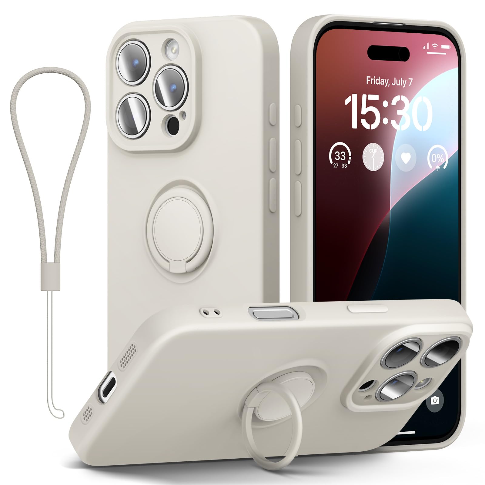 ABITKU for iPhone 16 Pro Max Case with Ring Stand, Liquid Silicone Slim Design Support Magnetic Car Mount (with Wrist Strap Lanyard) Phone Cover for iPhone 16 Pro Max 6.9 inch, White Stone