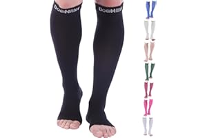 Doc Miller Open Toe Compression Socks, 20-30 mmHg, Toeless, Support Circulation, Shin Splints, Calf Recovery, Post Op, Knee High, Medical Grade, Black Socks, 2X-Large Size for Tall Men & Women, Pair