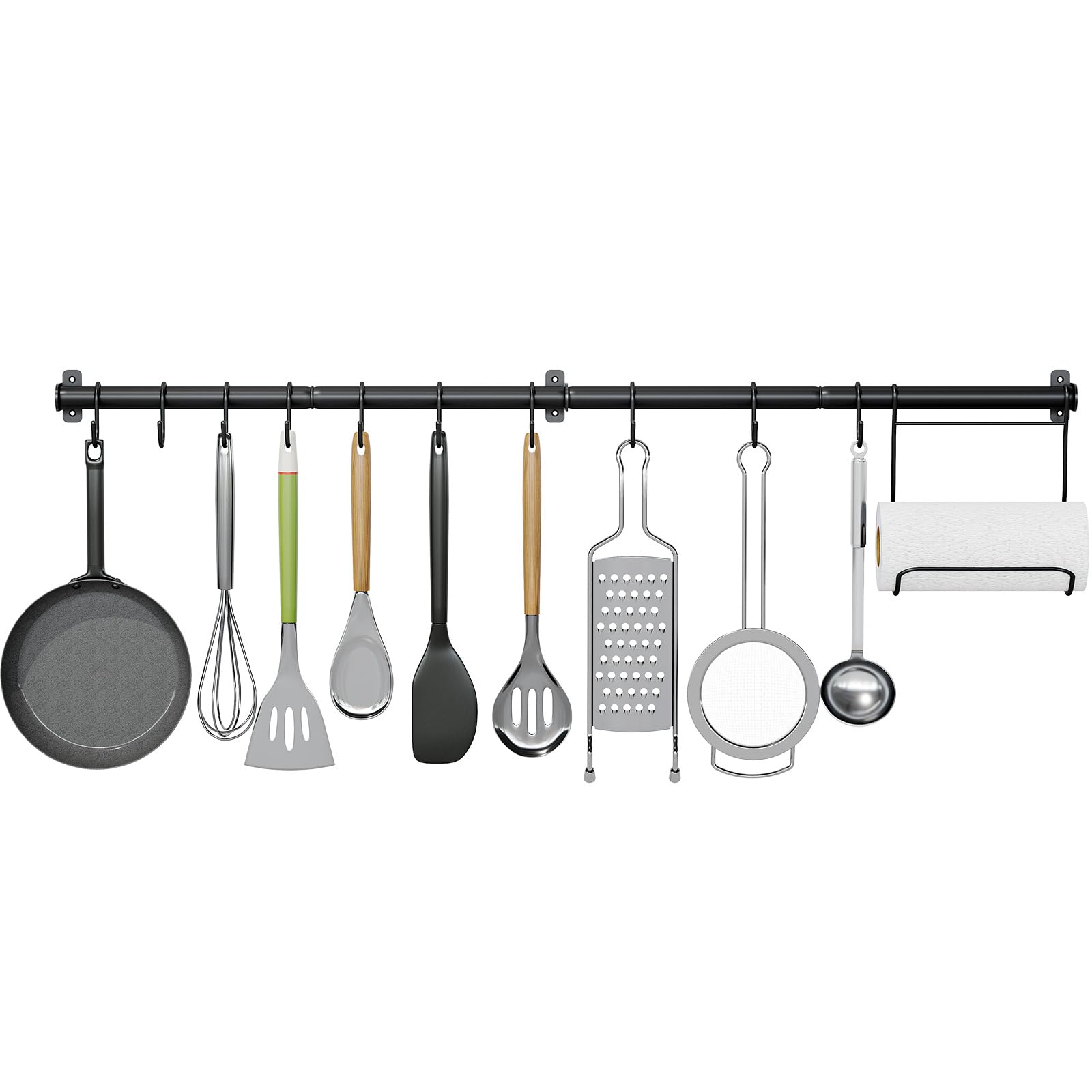 KINGRACK Kitchen Rail Pan Hanger, Utensil Hanging Bar Rack, Bathroom Towel Bar, Wall Mounted Hanger, Organizer for Hanging Knives, Pot and Pan, Bags on Living Room with 10 S Hooks, 110CM x 1