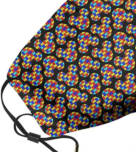 Adjustable face mask with ear loops, designed for autism, featuring a colorful cowl pattern.