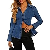 EZAPINE Denim Shirt Tops for Women Button Down Slim Fitted Long Sleeve V Neck Lightweight Jean Jackets
