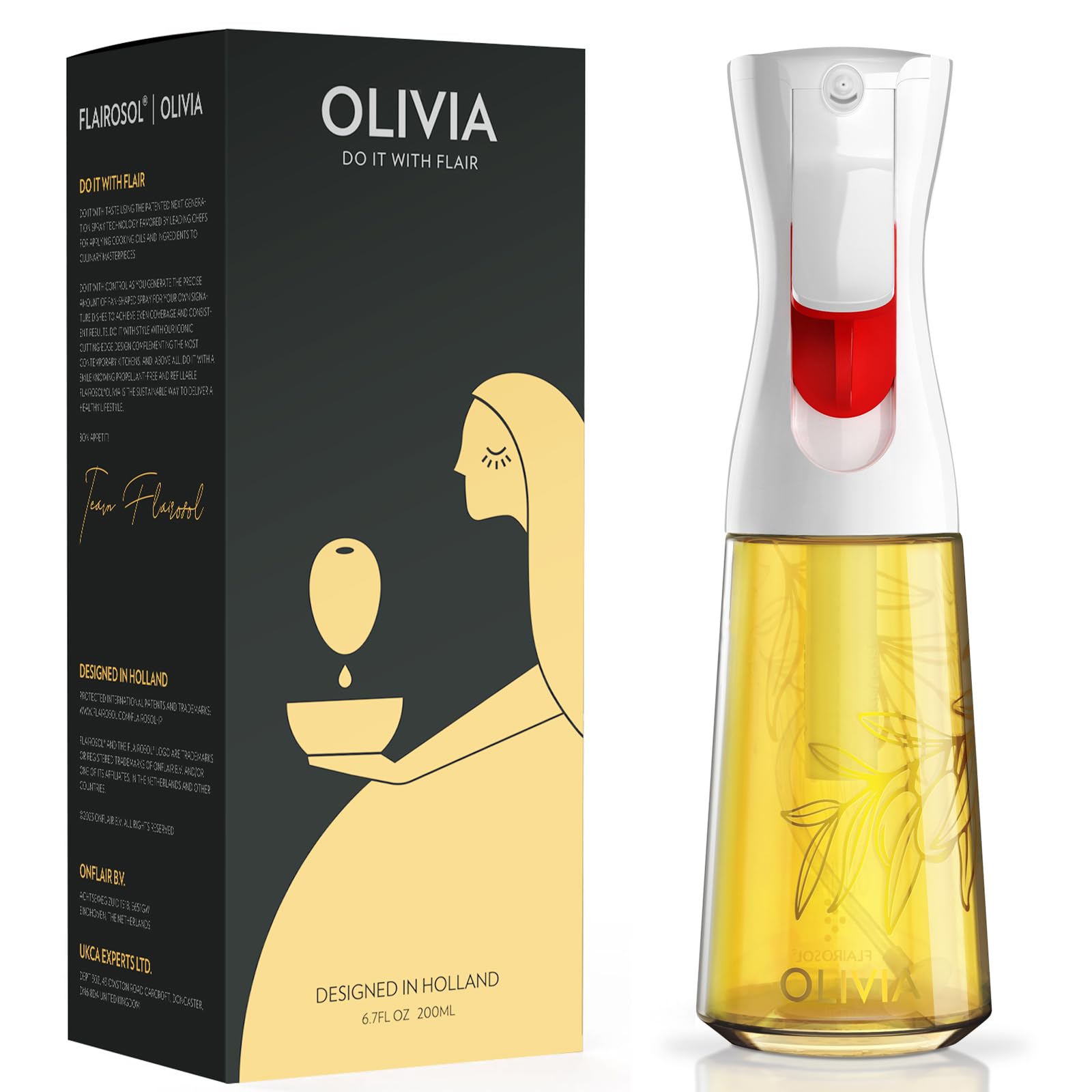 FLAIROSOL OLIVIA Oil Sprayer for Cooking, 200ml Glass Olive Oil Sprayer, Continuous Cooking Spray Bottle with Portion Control, Olive Oil Dispenser for Kitchen, Air Fryer, Salad, BBQ (Golden Leaves)