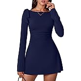 Aprilake Women's Long Sleeve Boat Neck Bodycon Ruched Elegant Bow Tie Party Mini Dress