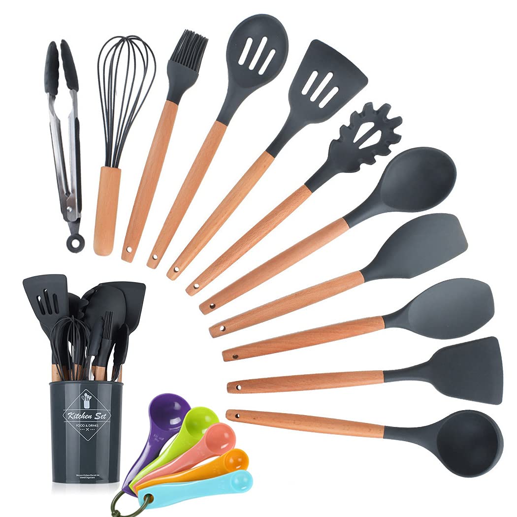 SIPLIV 17PCS Silicone Utensils Set with Wooden Handle Heat Resistant Cookware Utensils Kit Easy to Clean Kitchenware Kitchen Tools for Non-Stick Cookware - Gray