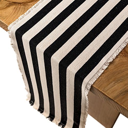 Memory Journey Decorative Cotton 1.2 Inch Black and White Striped Table Runner 12"X108", Fringe Natural,Dining Table Runner, Table Decor Wedding/Bridal Shower Birthdays Home Decor and Special Events.