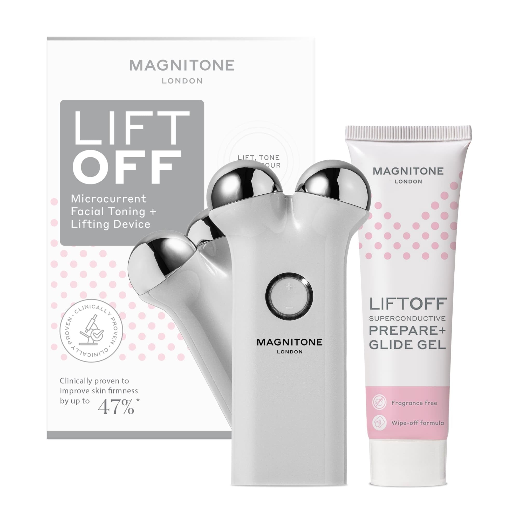 MAGNITONE Lift Off Microcurrent Facial Toning Device, Pink, USB Rechargeable, with Prepare + Glide Superconductive Gel 60ml at Home face Lift (Grey)