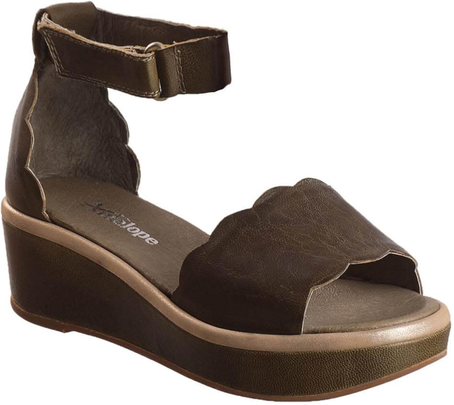 Amazon.com | Antelope Women's 432 Khaki Leather Scalloped Wedge 38 | Sandals