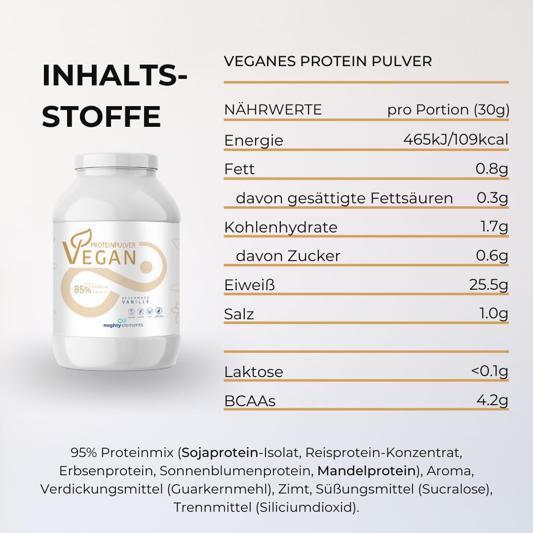 Mighty Elements VEGANES PROTEIN VANILLE 1kg - 85% pflanzliches Eiweiß, 5k-Proteinpulver Eiweißpulver ohne Gluten, Laktose & Milcheiweiß, Eiweißshake, Muskelaufbau 4