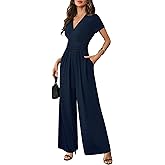LOOKBOHO Women Dressy Casual Jumpsuits Elegant High Waist Side Ruched Romper Summer Short Sleeves Wide Leg Pants