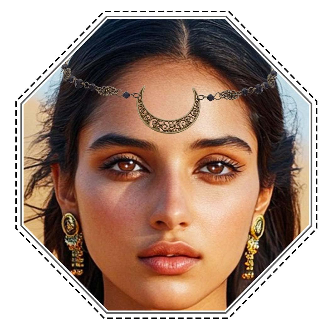 Jovono Boho Head Chain with Crystal and Hollow-out Decorative Pattern Headpiece Fashion Hair Accesories for Women and Girls (Bronze+Black)