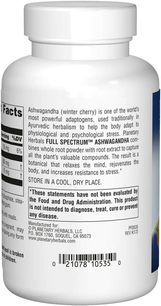 Planetary Herbals Ashwagandha Full Spectrum 570 mg, Rejuvenating Tonifier,120 Tablets: Health & Personal Care