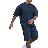 YawYews Men's 2 Piece Outfits Casual Tracksuit Cargo Shorts Summer Athletic Drop Shoulder Sleeve Sportwear Set