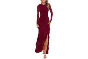 BTFBM Women's Maxi Dresses Fall 2025 Long Sleeve Ruched Bodycon Solid Ruffle Mermaid Cocktail Wedding Guest Dress
