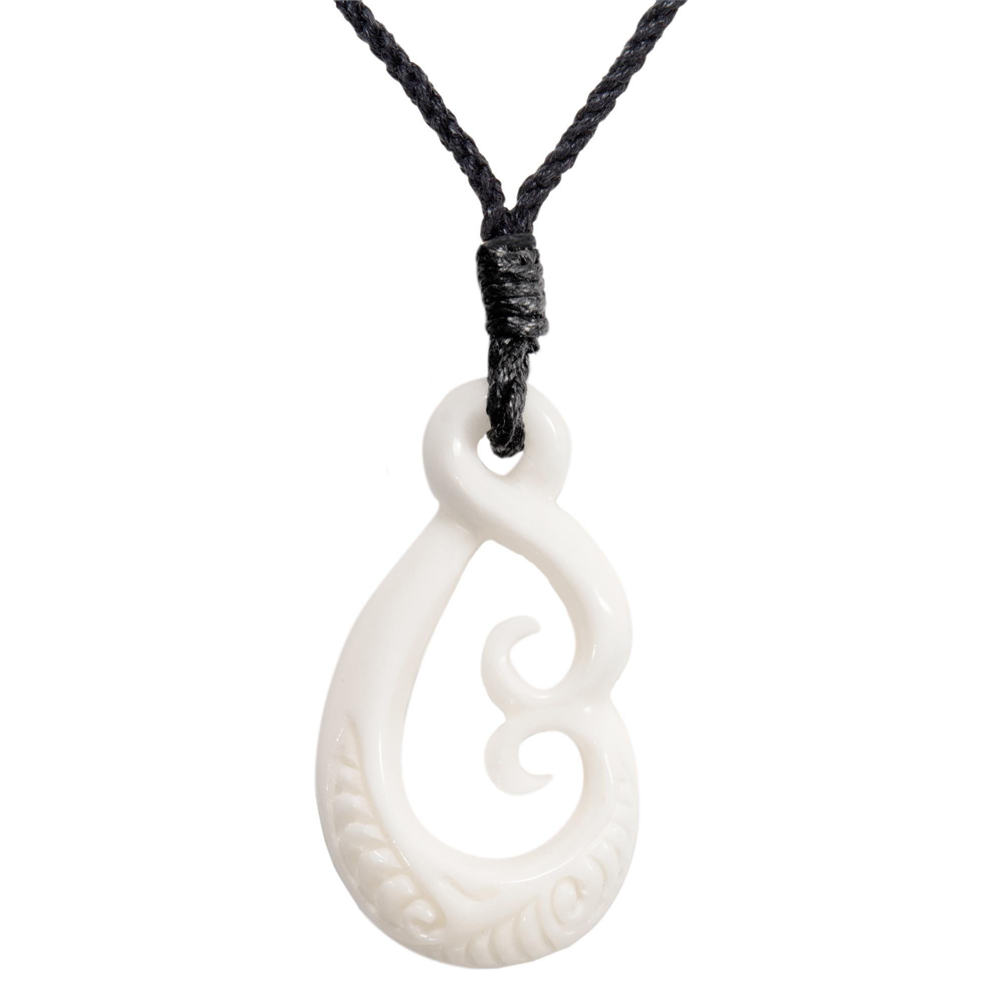 81stgeneration Hand-Carved Bone Large Single Twist Pikorua and Double Koru Pendant - Men's Surfer Accessories - Handmade Tribal Black Cord Necklace - Maori-Style Natural Jewellery for Women