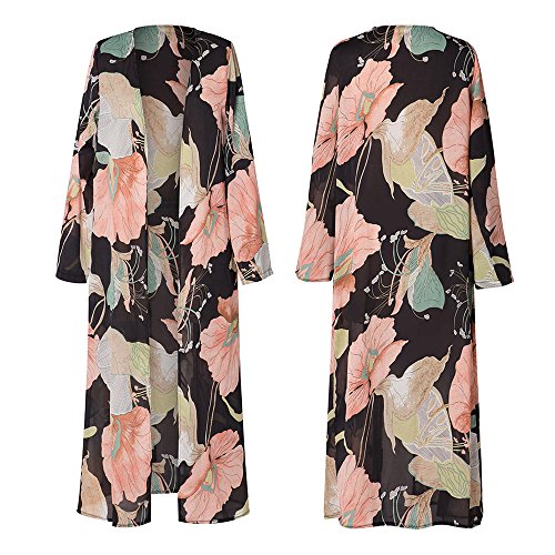 Makeupstore Kimono Cardigan, Clearance! Women Printed Shawl Long Sleeve Chiffon Wrap Shawl Blouse Tops (Black, L)