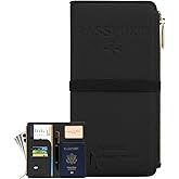 DOB SECHS Passport Holder for Travel Women Leather Passport Wallet RFID Blocking Passport Cover Case with Card Slots, Slim Travel Document Organizer Pouch Bag Zipper Cash Pocket Purse+ID Window, Black