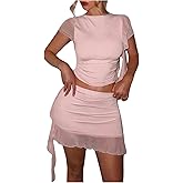 WDIRARA Women's 2 Piece Sets Ruffle Ruched Top Bodycon Mini Skirt 2025 Going Out Party Cocktail Wedding Outfits