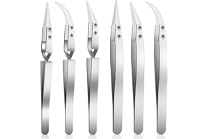 Aemygo 6 Pcs Precision Reverse Ceramic Tweezers Set, Non-Conductive Heat-resistant Electronics Soldering Tweezers Anti-Magnetic Pointed & Curved Tips Tweezers for Solder, Pinching Coils (Silver)