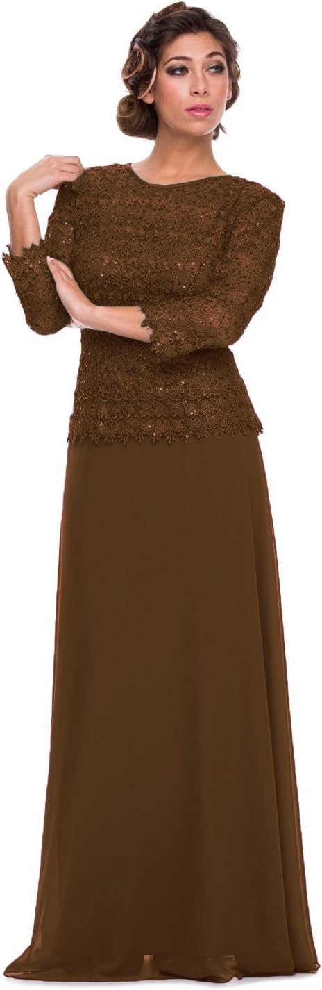 SecretCastle Women's Long Beading Lace Casual Dress with 3/4 Sleeve Size 2 US Chocolate