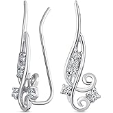 Trendy Scroll Swirl Wire Ear Pin Climbers Earrings For Women Teen AAA CZ Crawlers 14K Gold Plated .925 Sterling Silver