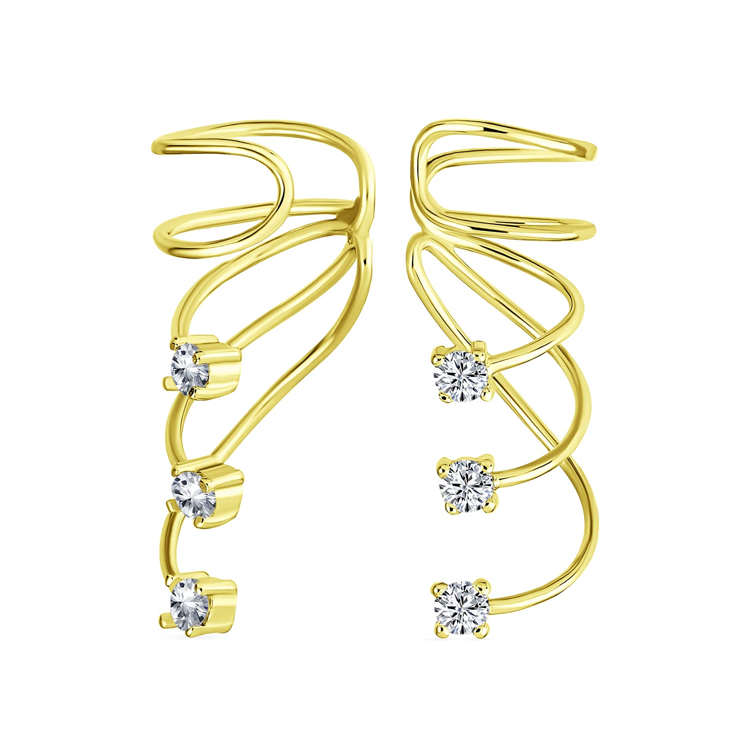 Triple Spiral CZ Curved Crawlers Wire Cubic Zirconia Cartilage Ear Cuff Pin Earring For Women Teen Yellow Gold Plated .925 Sterling Silver — image 1