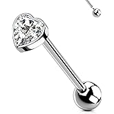 OUFER Titanium Tongue Piercing Jewelry, 14G Internaly Thread Tongue Rings for Women, Clear CZ Heart Shaped Body Piercing Jewelry-16mm