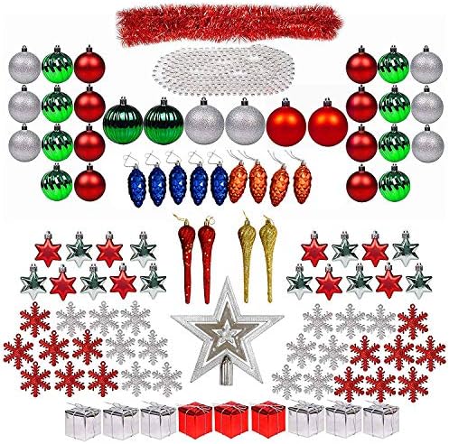 100 Premium Christmas Baubles and Garlands for Tree Decorations - Huge Selection of Xmas Ornaments Balls, Hooks and Star - Christmas Tree Decoration - Assorted Colours Red, White, Green Silver