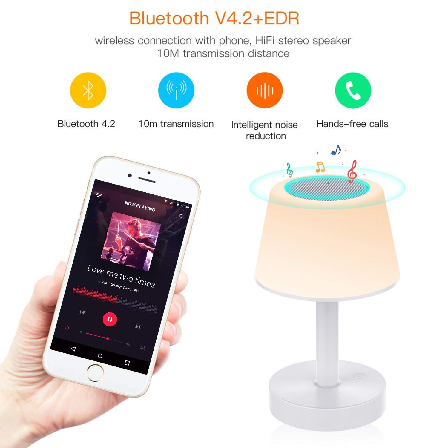 Lampe de Chevet LED avec Enceinte Bluetooth et Contrôle Tactile Lampe de Table Rechargeable avec Mains Libres, Luminosité Réglable et Couleurs de Changement pour Enfant, Bébé, Chambre, Jardin Tikitaka